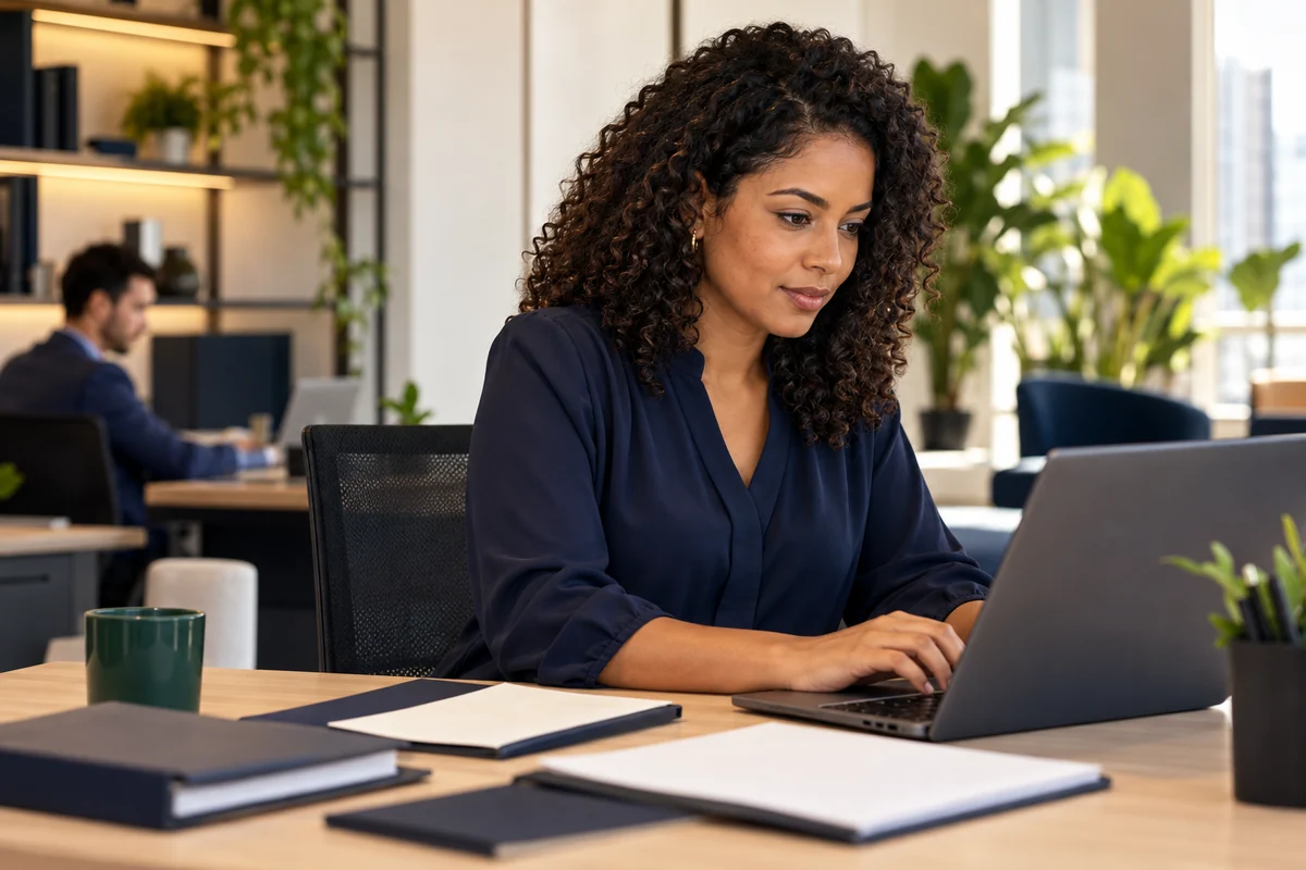 Cena ilustrativa de uma profissional trabalhando com notebook e documentos.