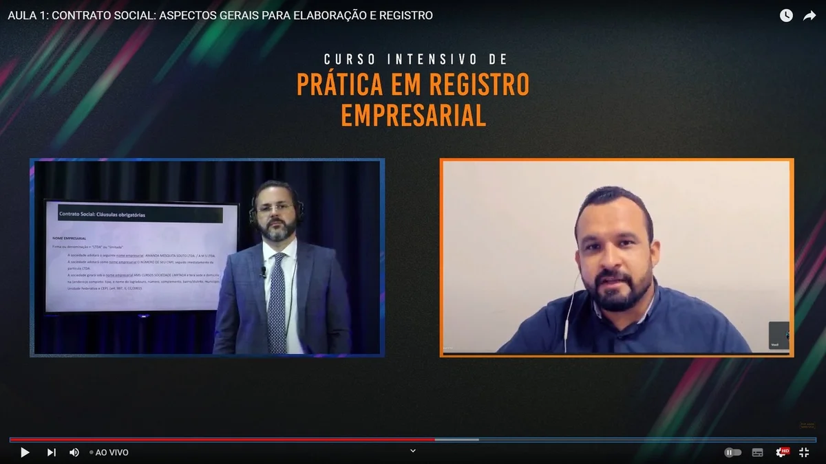 Registro de aula de Prática em Registro Empresarial, com Aiuá Reis e outro instrutor em telas lado a lado.