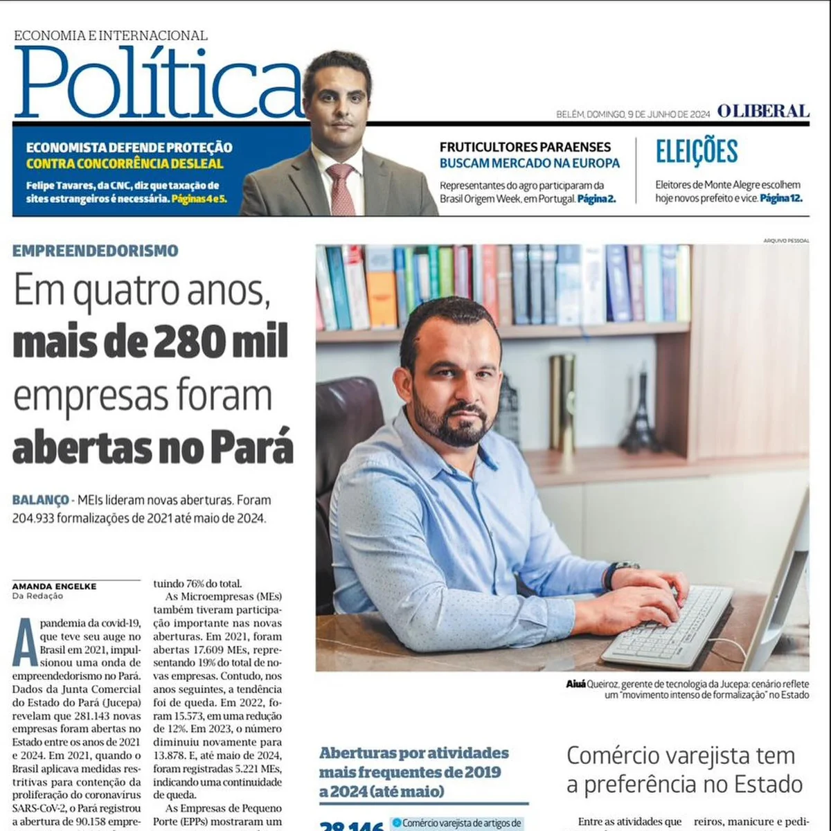 Página da edição impressa de O Liberal, de 9 de junho de 2024, com reportagem sobre abertura de empresas no Pará e fotografia de Aiuá Queiroz.