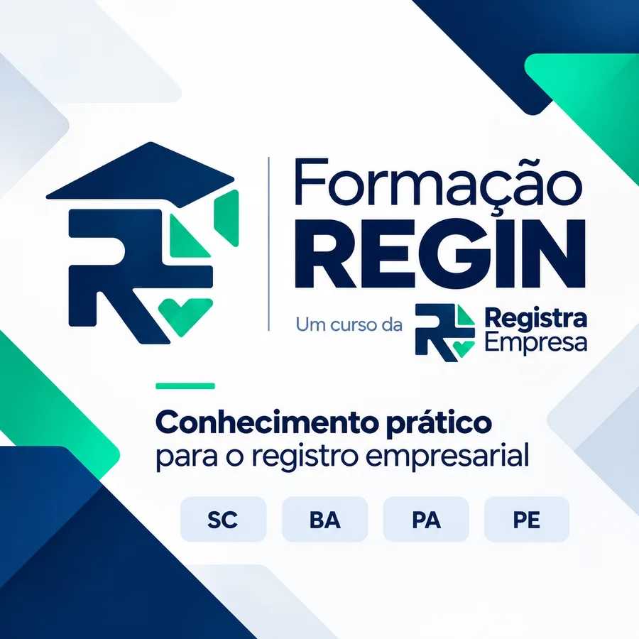 Arte oficial da Formação REGIN com assinatura da Registra Empresa e identificação dos estados SC, BA, PA e PE